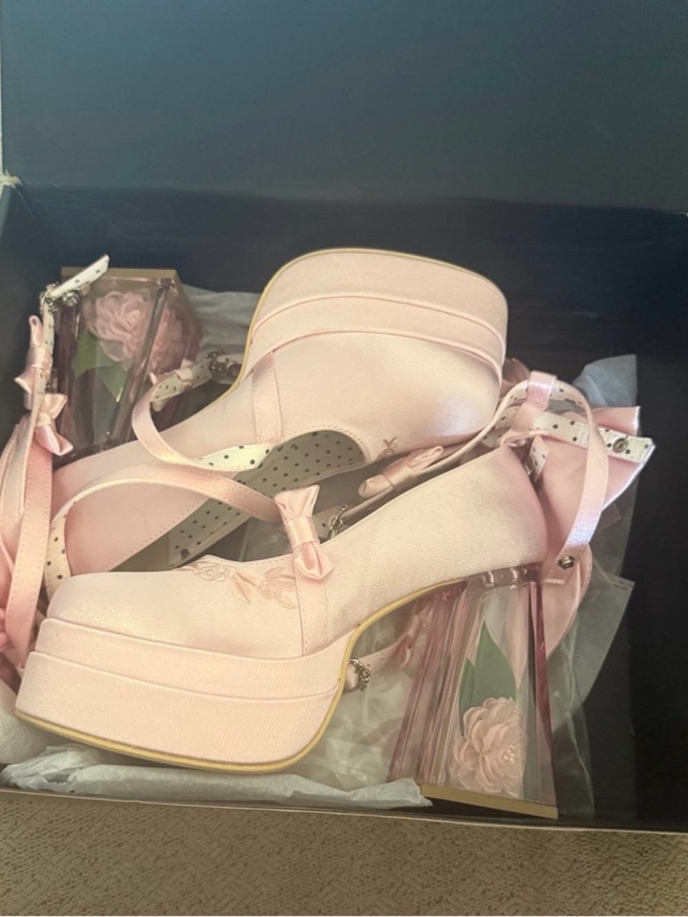 Pink Platform Mary Jane Heels with Translucent Block Heel